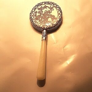 Vintage Chinese Hand Mirror. White porcelain,  Blue floral design. Jade handle.